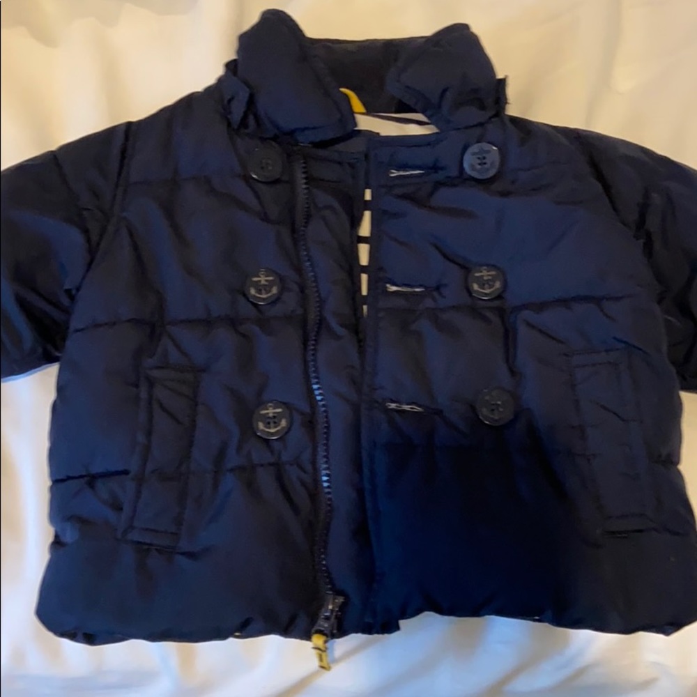 Baby Gap navy puffer coat and old navy camo vest